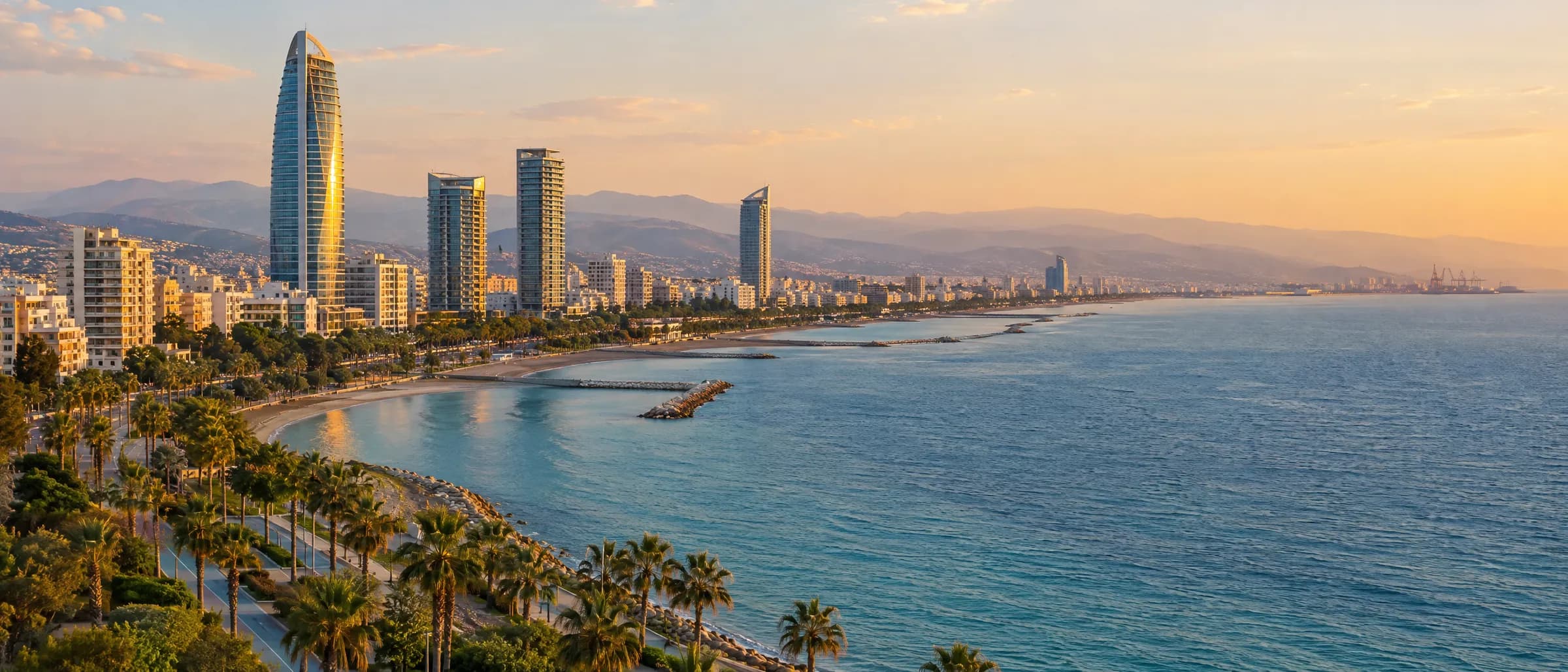Il lungomare di Limassol, Cipro, al tramonto
