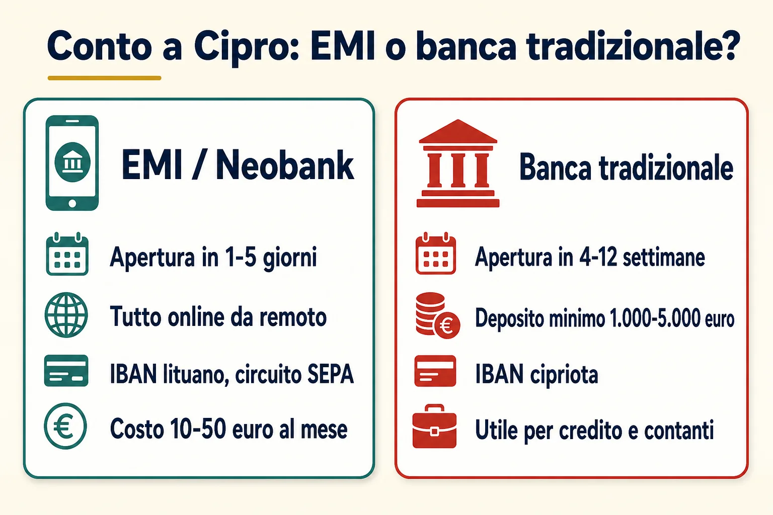 Conto a Cipro, EMI o banca tradizionale a confronto: tempi di apertura, modalità, tipo di IBAN e costi